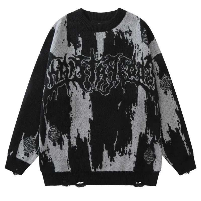 

Hip Hop Ripped Sweaters Men Y2K Vintage Knitted Punk Gothic Streetwear Women Jumpers Sweater Harajuku Fashion Oversized Pullover