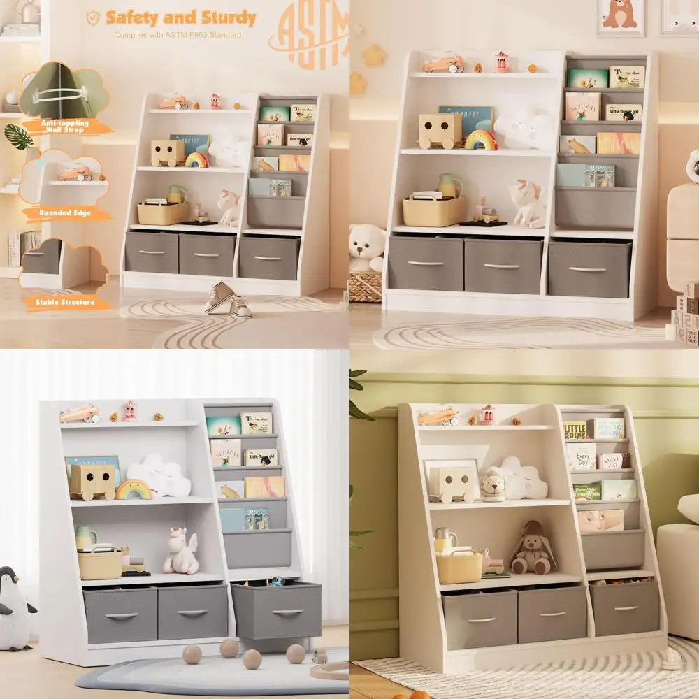 

Детская деревянная книжная полка с тканевыми корзинами для хранения для малышей, книжный шкаф для младенцев, органайзер для игровой комнаты, белый