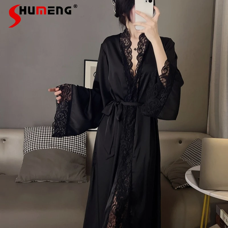 

Ice Silk Sexy Morning Robe for Women Spring Autumn Long Sleeve Lace Long Nightdress Female Pure Style Bathrobe Loungewear