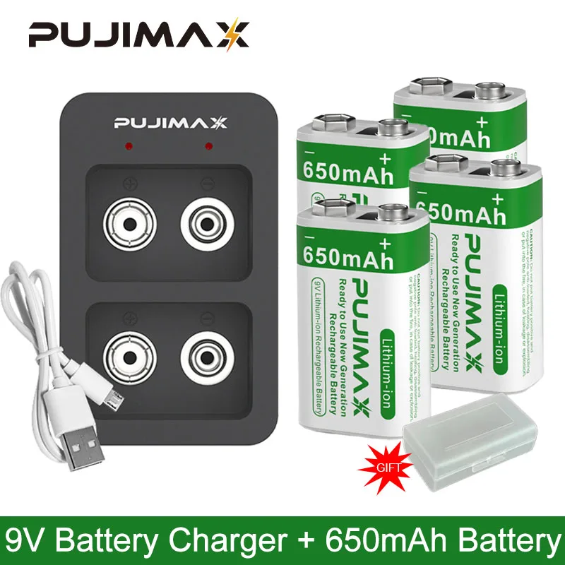 PUJIMAX New Smart 9V Battery Charger With 650mAh 9V Rechargeable Li-ion Battery Set For Multimeter Smoke Alarm Metal Detector