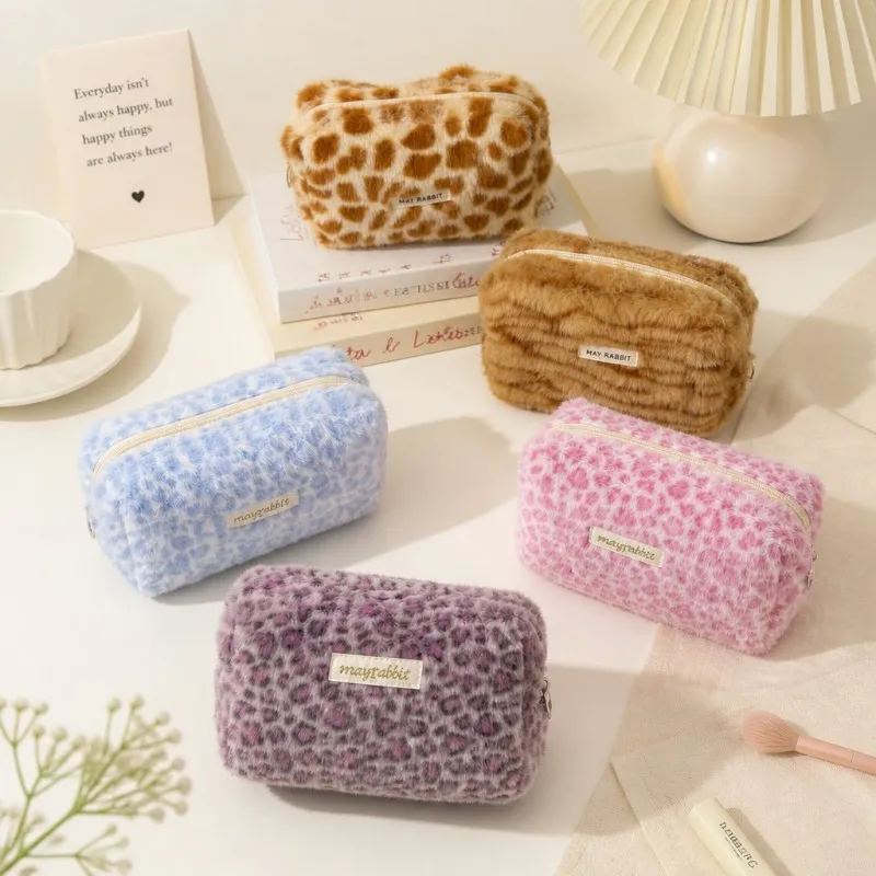Women Travel Brush Make Up Storage Pouch for Daily Use Soft Plush Leopard Print Pencil Case Multifunctional Cosmetic Makeup Bag