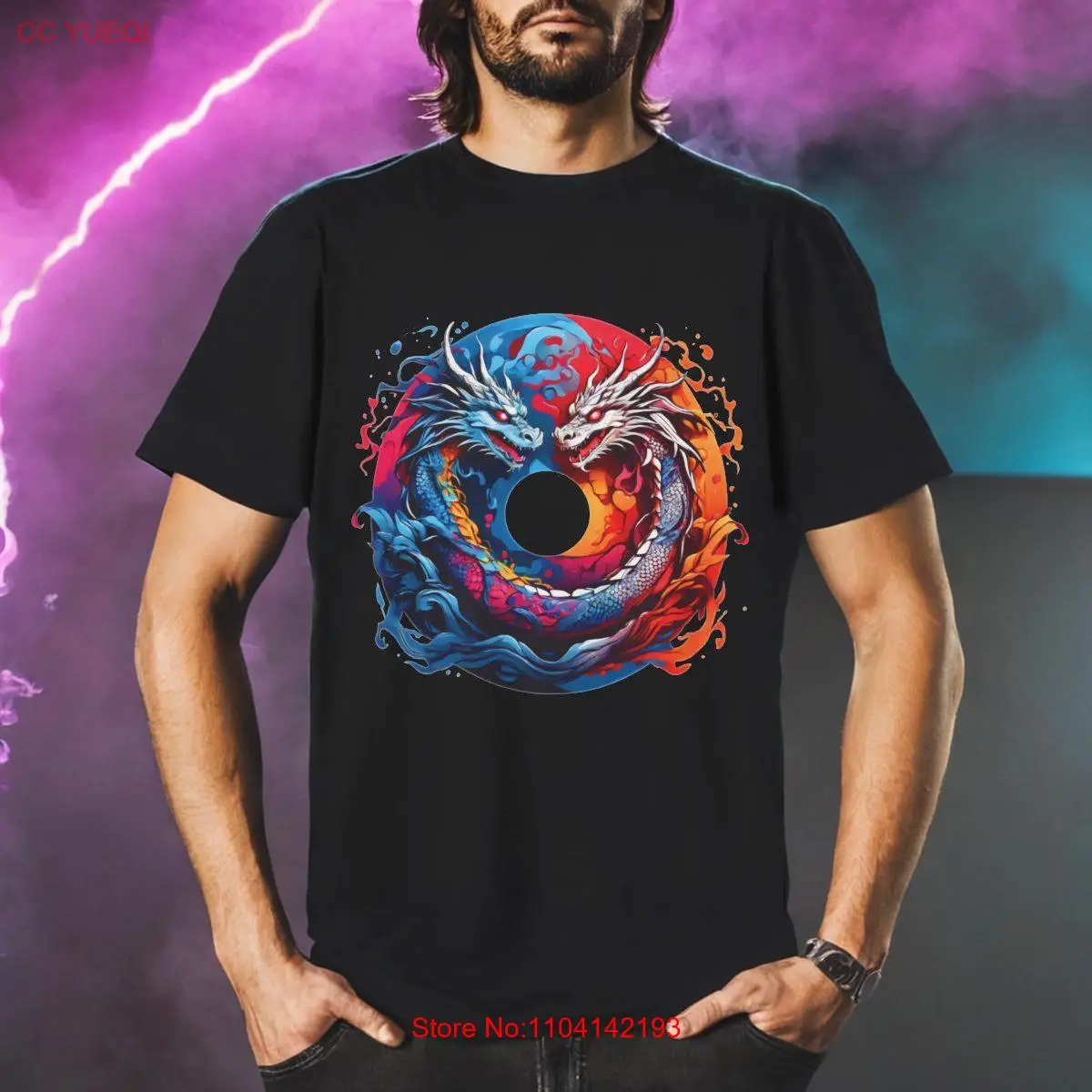 Camiseta de manga larga o corta de dragón gemelo, color místico, dragón, fuego, amante del hielo, regalo de fantasía