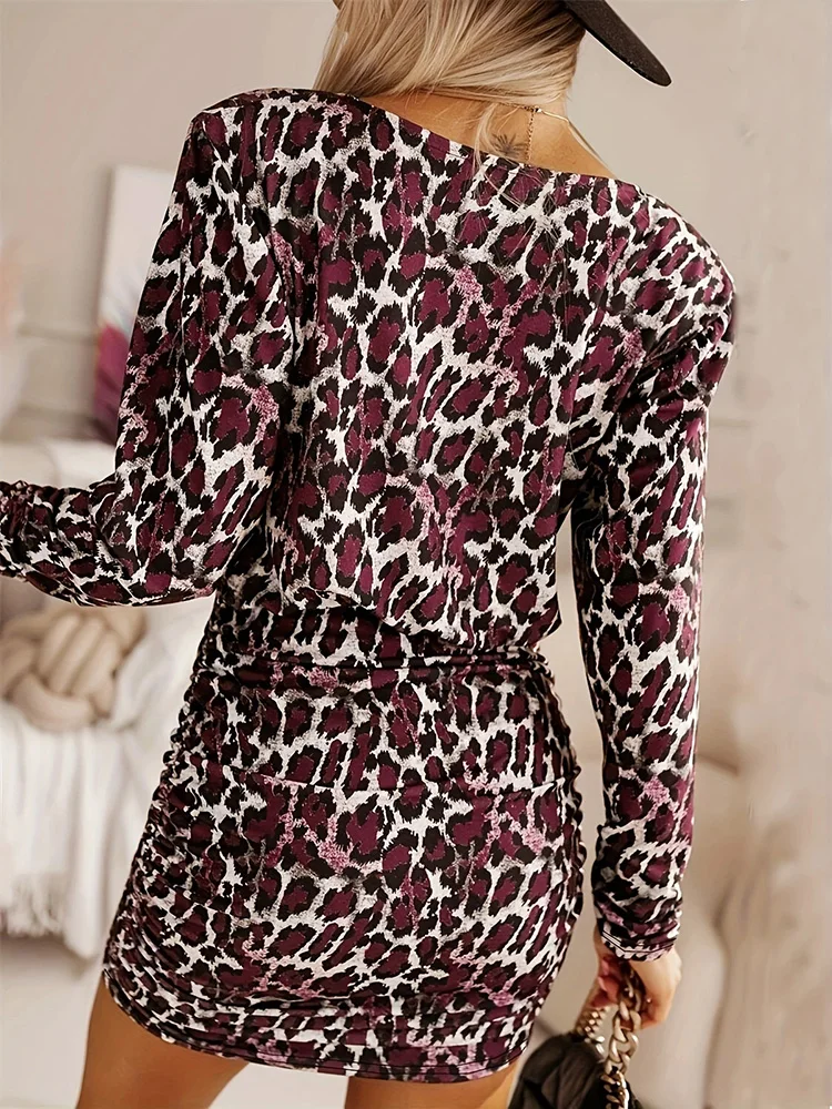 Autumn New Arrival O Neck Lady Print Dress Elegant Women Office Long Sleeve Slim Fit Mini Dress Casual Leopard Party Dress 2025