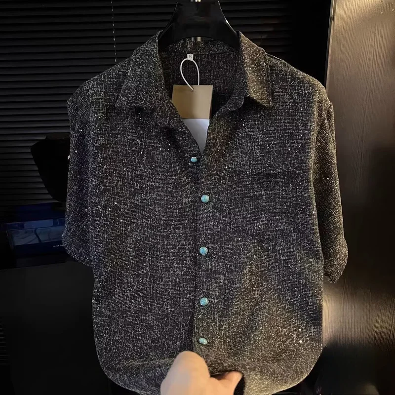 Men's Summer Vintage Minimalist Collared Short Sleeve Button Down Shirt, Loose Fit Casual Top with Speckled Shimmer Particle
