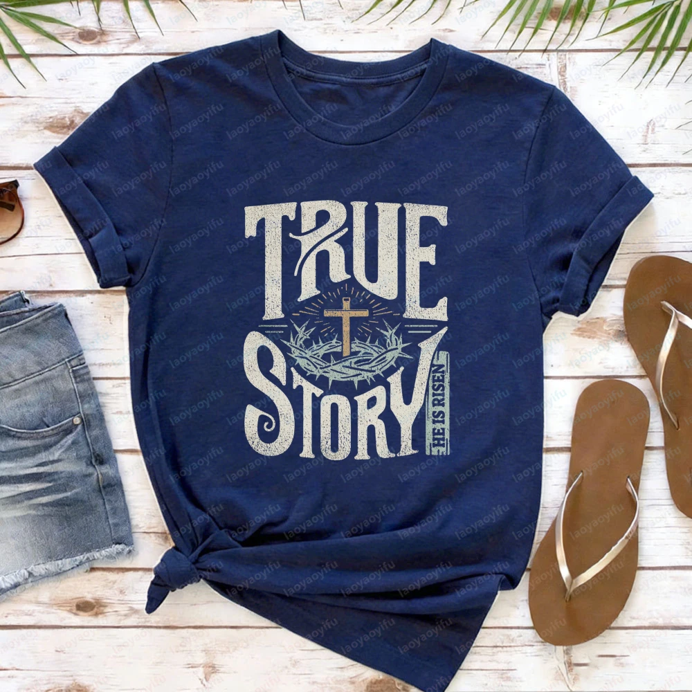 True Story He Is Risen Shirt for Women Christian Easter Religious Graphic Tee Casual Cotton Short Sleeve Faith Based Women Tops