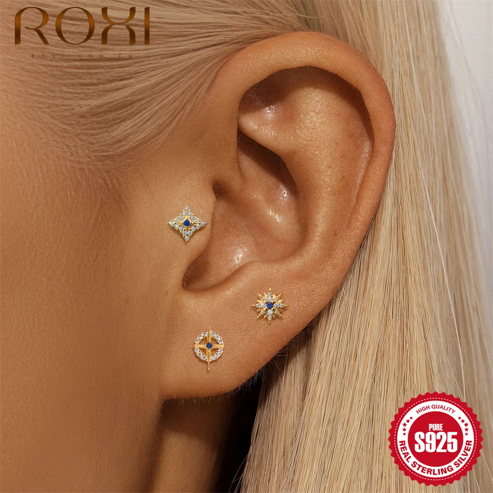 

ROXI 925 Sterling Silver Octagonal Star Blue Zircon Piercing Earring For Women Exquisite Personalities Charms Earrings