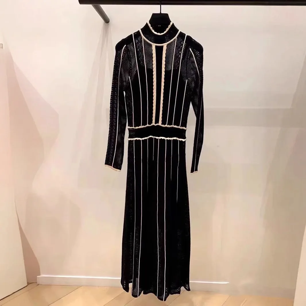 

Women Hollow Stripe O-Neck Knitted Set Long Sleeve Elastic Waist Black Maxi Dress + Spaghetti Strap Dress Autumn Elegant Suit