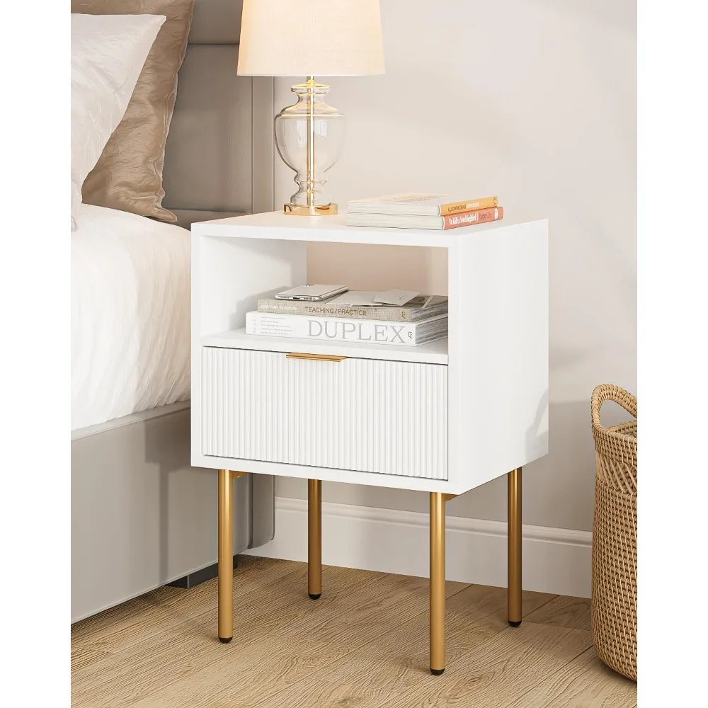 

Nightstand,Mid-Century Modern Bedside Table with Storage Drawer and Open Wood Shelf,Small Gold Frame Side Table for Bedroom