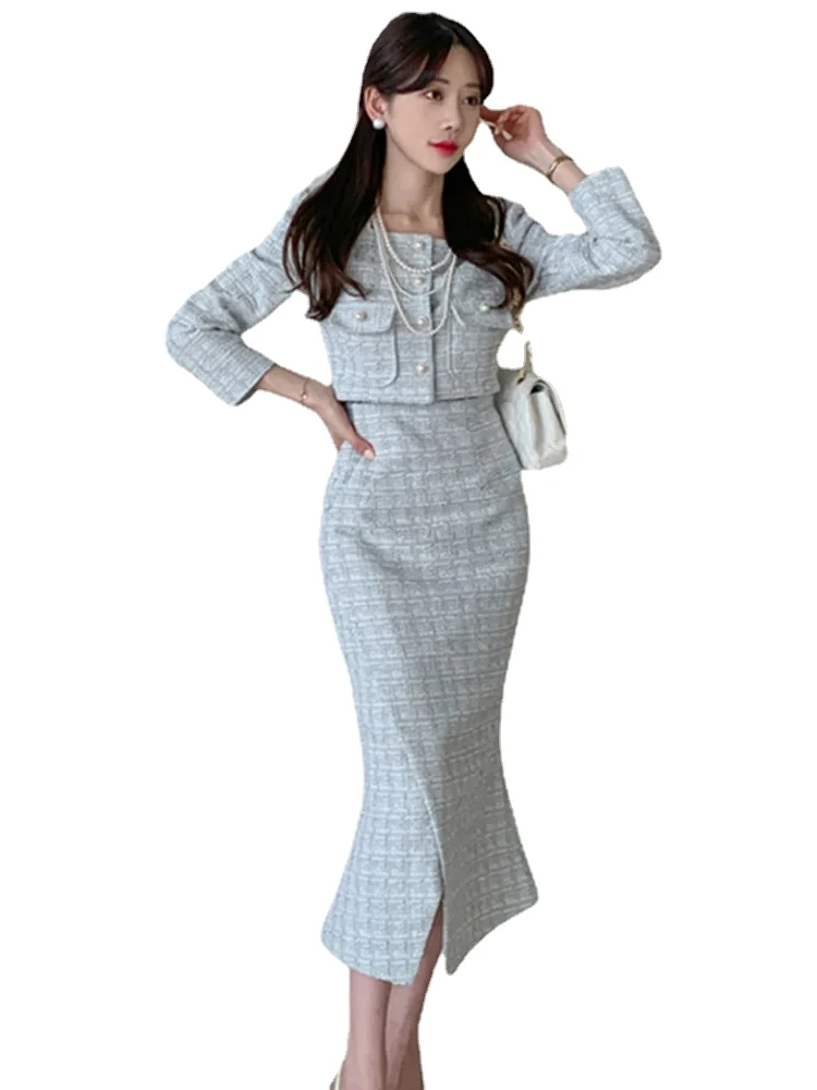 

New Autumn Winter Plaid Tweed 2 Pieces Set For Women Square Collar Long Sleeve Short Jacket + Bodycon Skirt Sets Elegant Suit