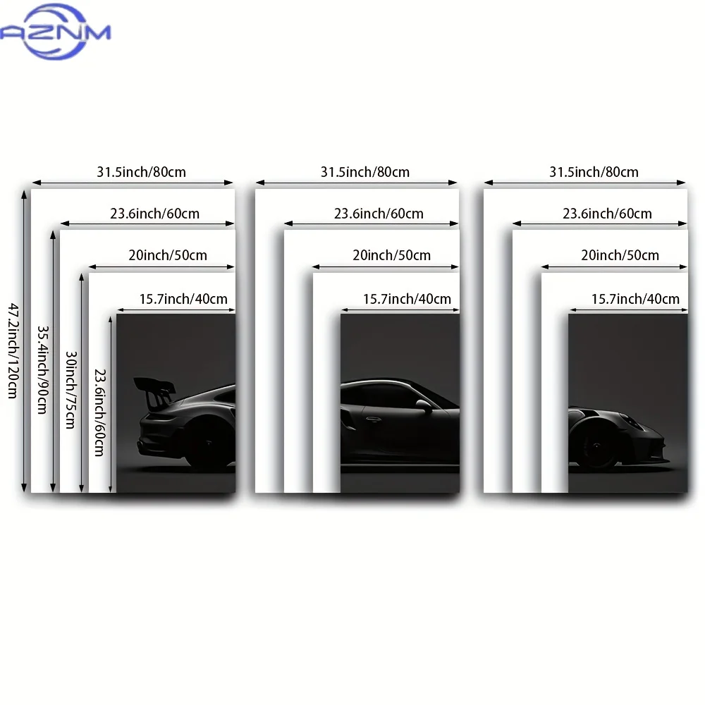 3pcs Canvas Wall Art - Minimalist Monochrome Sports Car Painting, Vertical Trio for Living Room, Office, Garage, for Man Cave -