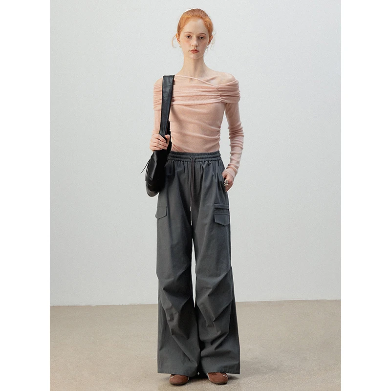 Eggka Solid Color Highwaisted Casual Pants Female Elastic Waist Long Pants Commuter Loose Wide-Legged Pants Gray 2024 Autumn