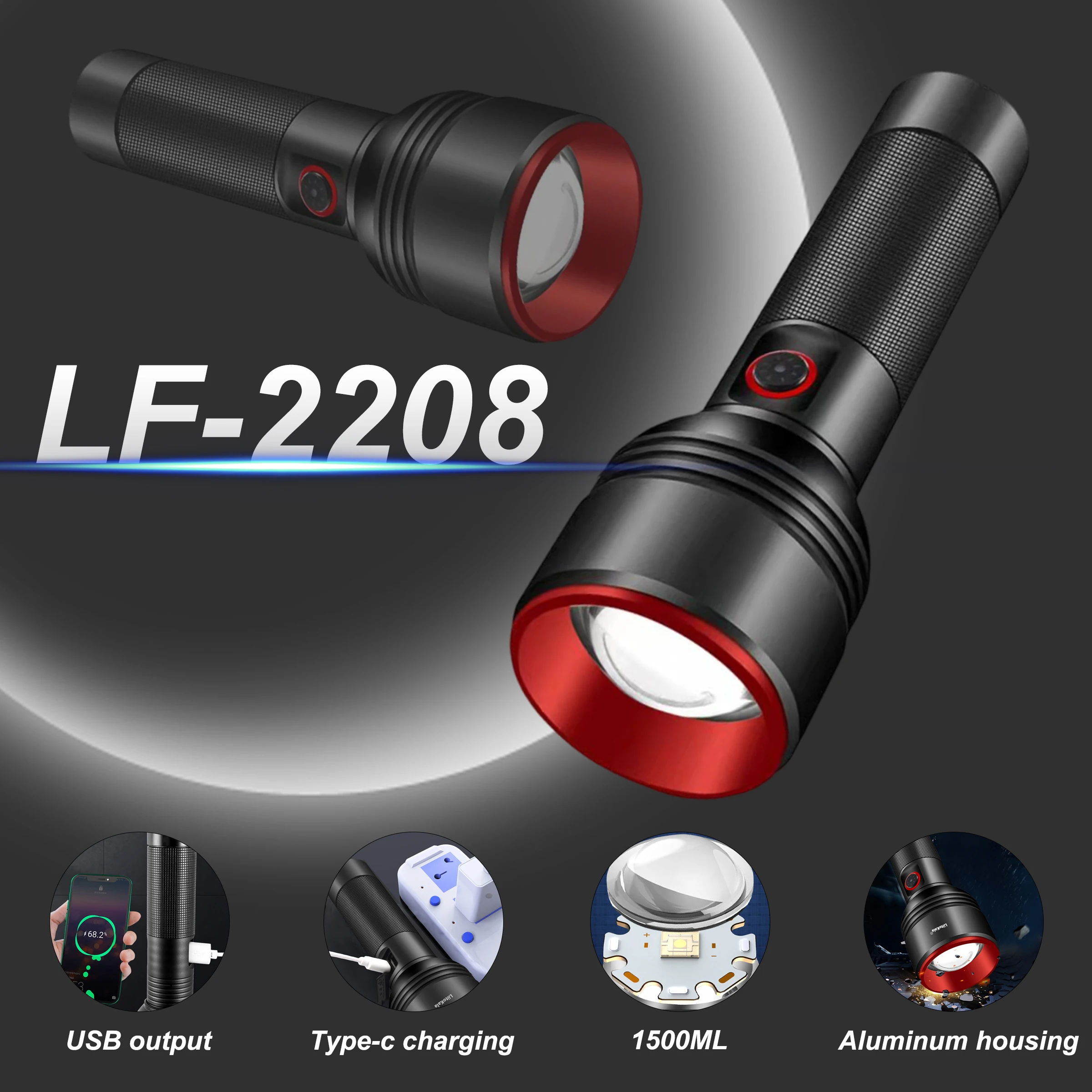 

LiitoKala LF-2208 Multi-Function Outdoor Flashlight Strong Light Portable Searchlight with Multiple Modes