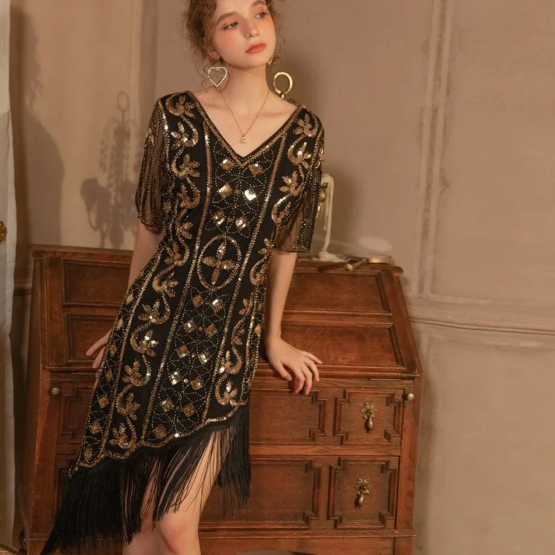 레트로 우아함 빈티지 럭셔리 성인 여성 불규칙한 스커트 스팽글 수 놓은 슬림 맞는 이브닝 가운 패션과 섹시한 여름 댄스