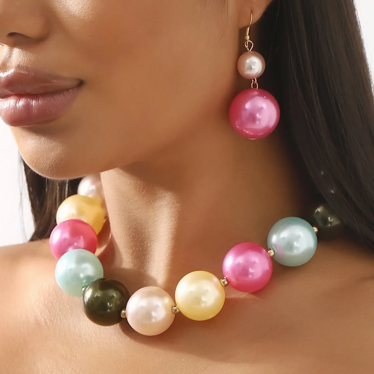 

Fashion Exaggerated Colorful Big Pearl Beads Chain Choker Necklaces Drop Earrings Jewelry Set Women Light Luxury Retro Jewelry