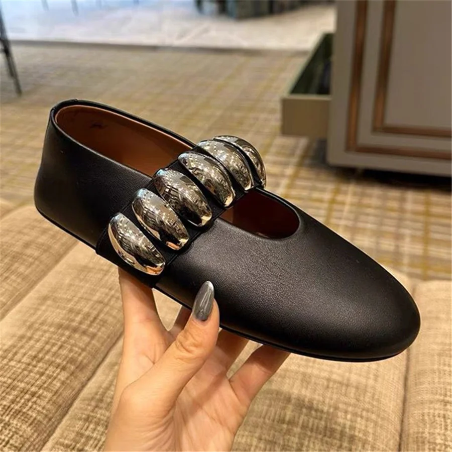 2024 New Metal Studded Women Ballet Flats Comfortable Black Dance Shoes Casual Walking Loafers Espadrilles Ladies Mary Janes