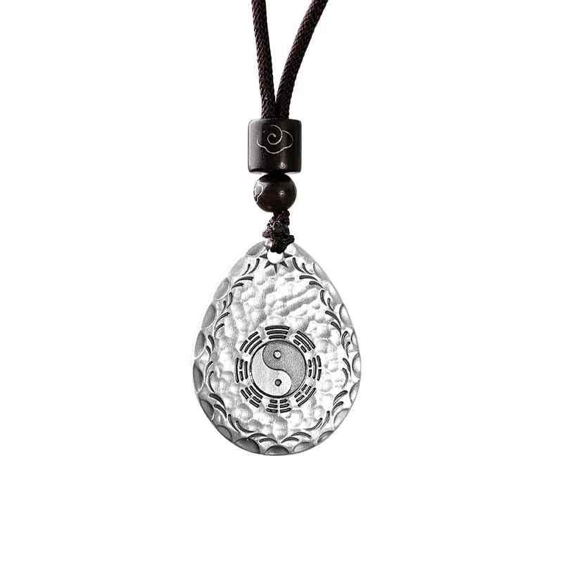 Tai Chi Mysterious Eight Diagrams Taoism Jewelry for Men 999 Full Silver Water Drop Pendants Necklaces Infinity Rope Chains