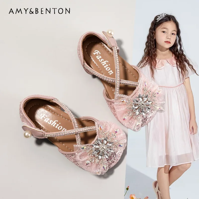 

Girls' Glitter Crystal Low Heel Sandals Toddler Kids' Pink Princess Dress Shoes with Rhinestone Bow Soft Sole Party Footwear
