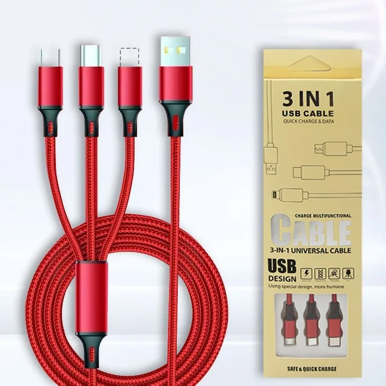 

Nylon braided one to three data cable, suitable for mobile phone charging, Apple Android Type-C fast charging cable