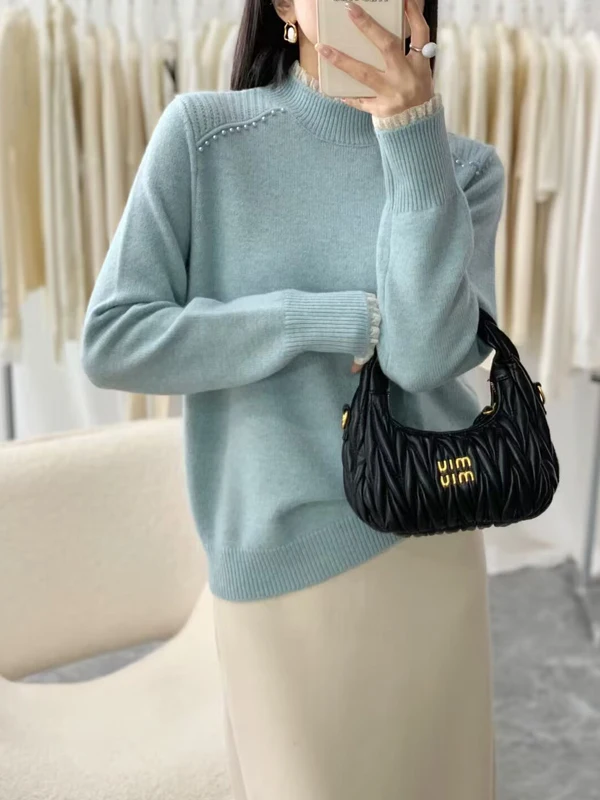 

Autumn Winter Knitted Sweater Women's Base Shirt Half High Collar Bear Velvet Cozy Warm Fuzzy Fashionable Versatile Beaded Sp...
