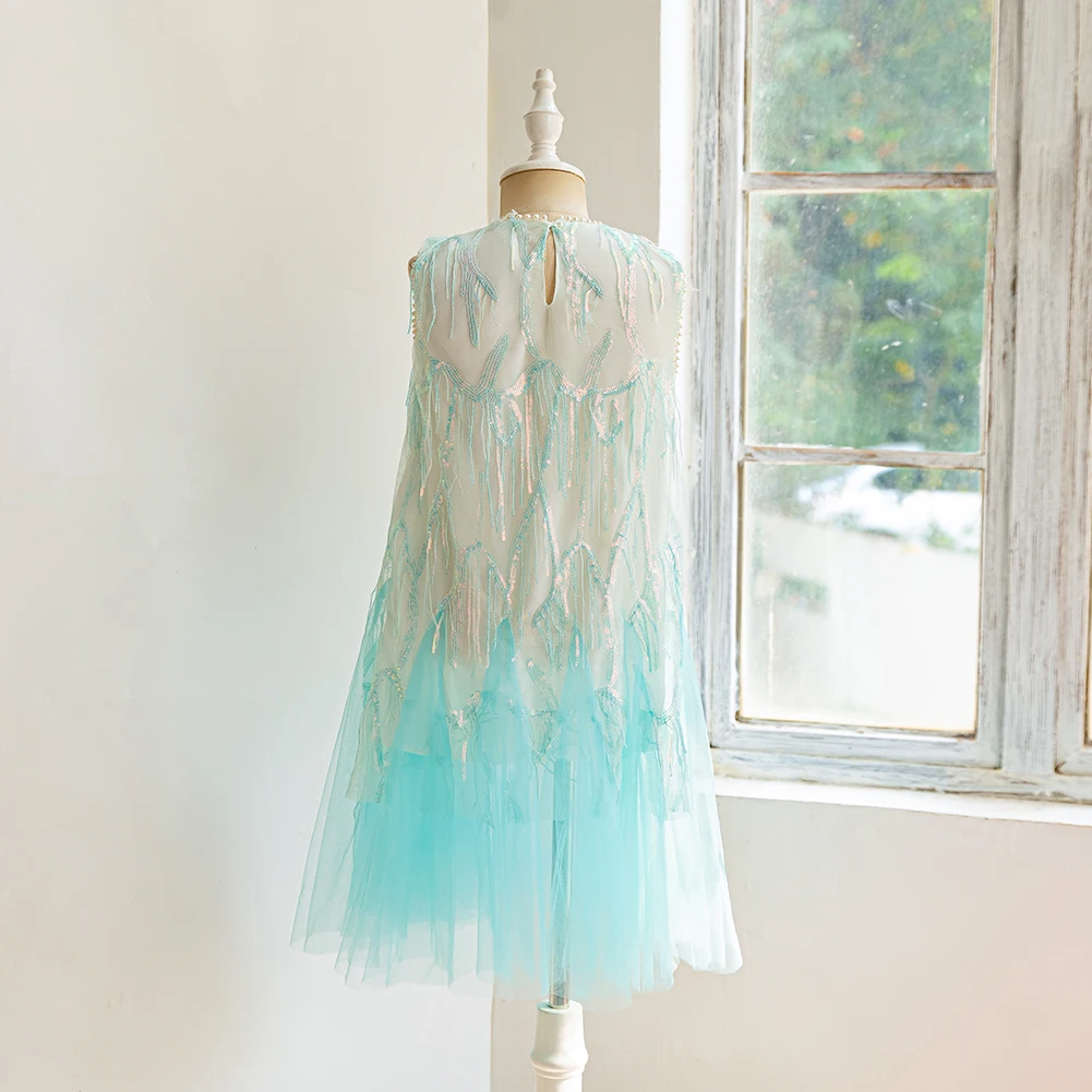 blue summer sleeveless sweet girl\'s dress, beautiful bead decoration neckline dress tassel sequined princess dress,