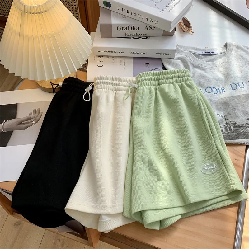 Women Casual Sweat Shorts Elastic Waist Drawstring Loose Sports Shorts Solid Color High Waist Streetwear Short Pants For Summer