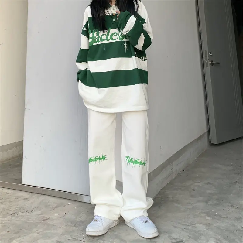 

Hip Hop Fashion Women Letter Print White Jeans Spring Autumn Pants High Waist Streetwear Casual Loose Wide Leg Denim Trousers