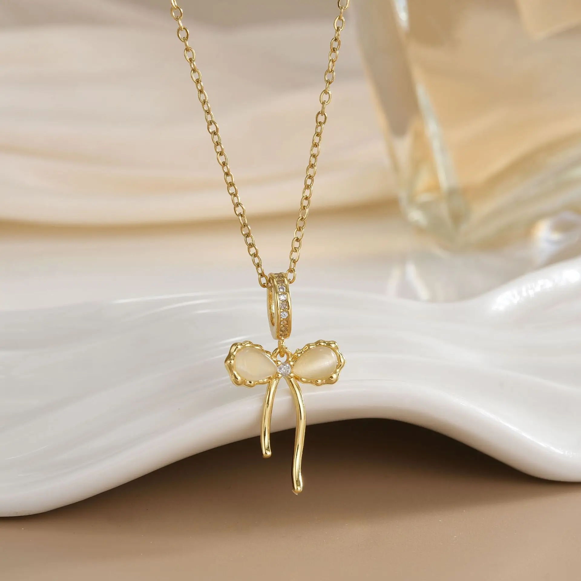 Dreamy Bowknot Necklaces for Women Girls Moonstone Bow Pendant Gold Color Stainless Steel Chain Jewelry Accessories Gifts