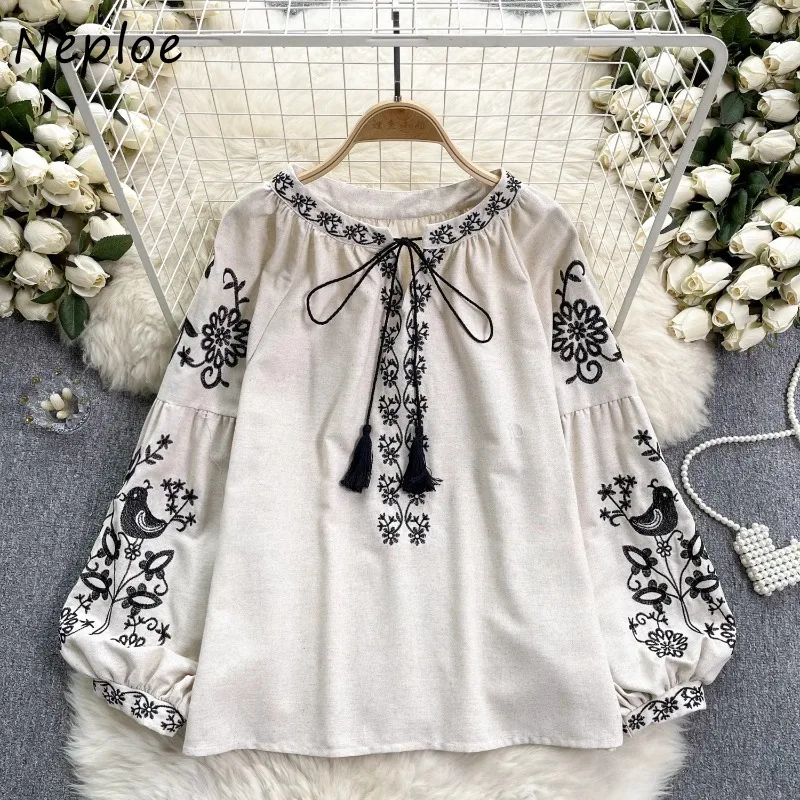 Neploe Vintage Heavy Embroidery Shirts Women Y2k Lace Up O-neck Tassel Blusas Mujer 2024 Spring New Long Sleeve Loose Blouses