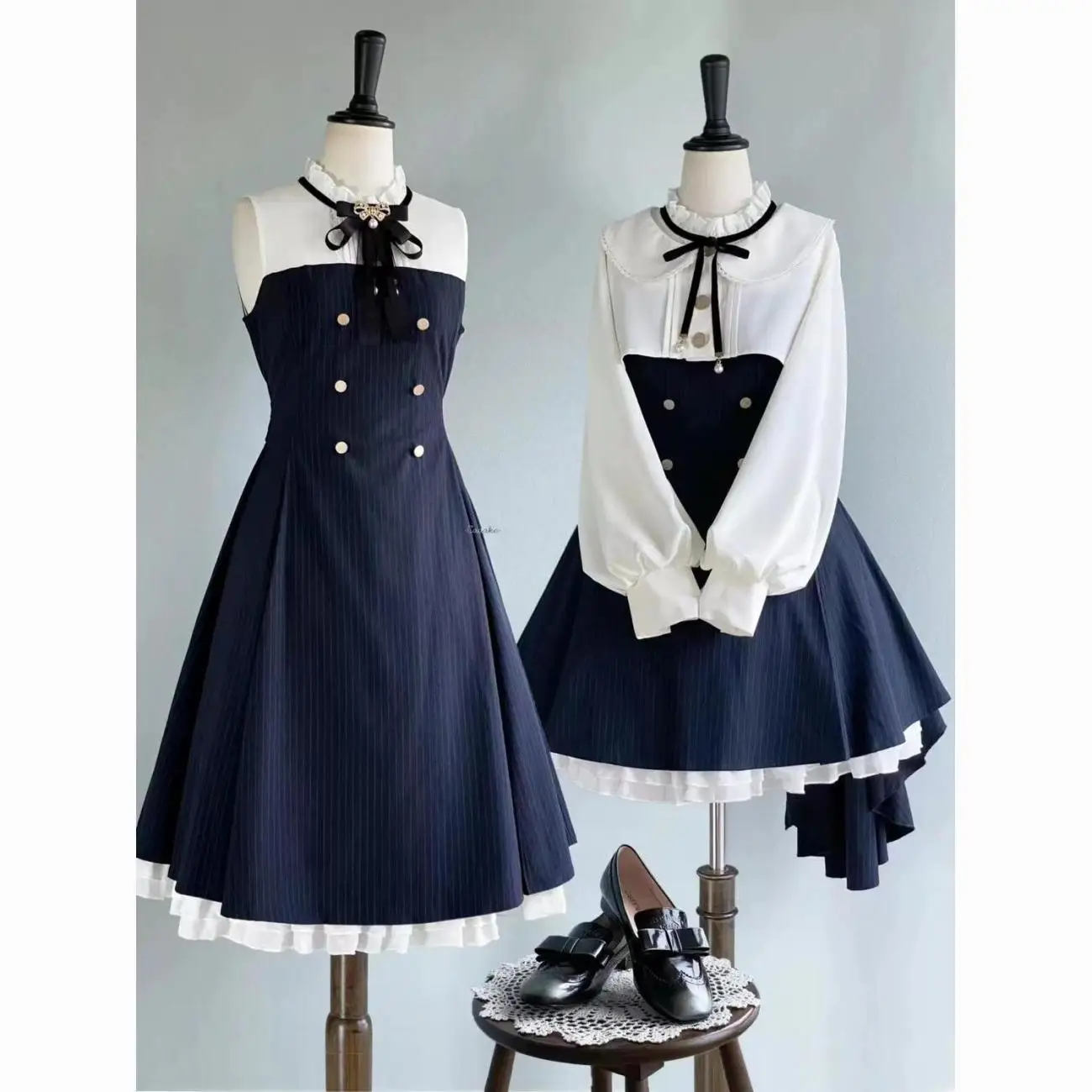 

Preppy Lolita Dress Women Sleeveless Ruffle Collar Bow Decor Double Breasted Ruffle Hem Japanese Cute Dress Afternonn Tea Outfit