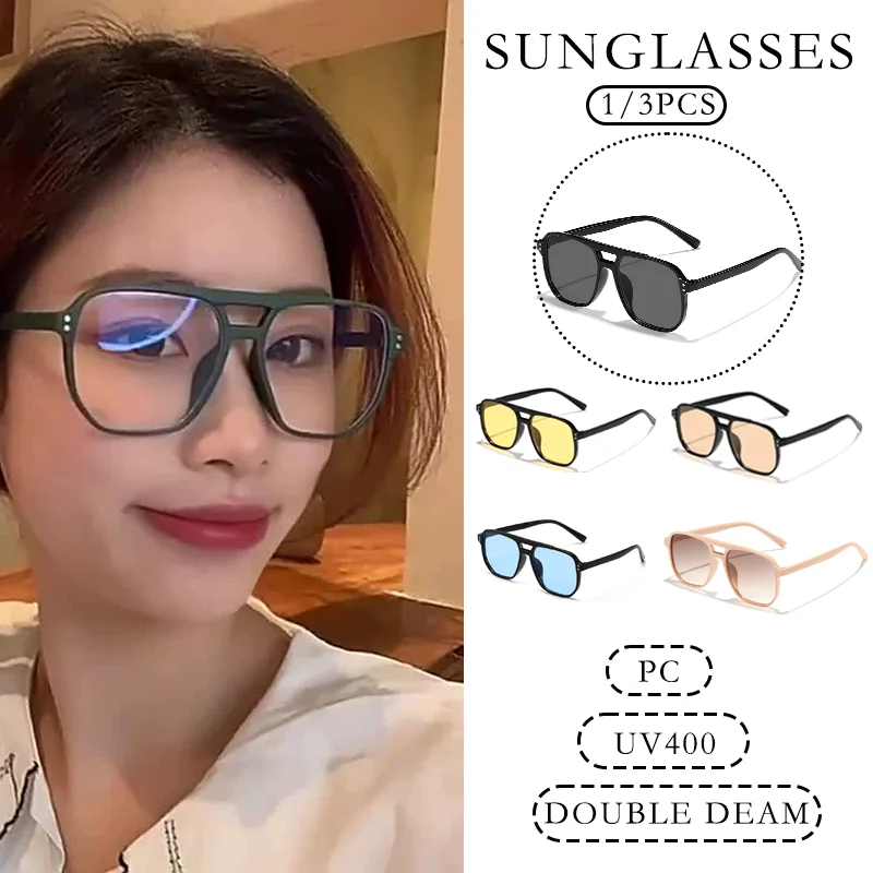 1/3PCS Vintage Pilot Sonnenbrille Doppel Strahl UV400 Sonnenschirme Frauen Männer Brillen Mode Koreanische Einfache PC Elegante Brillen