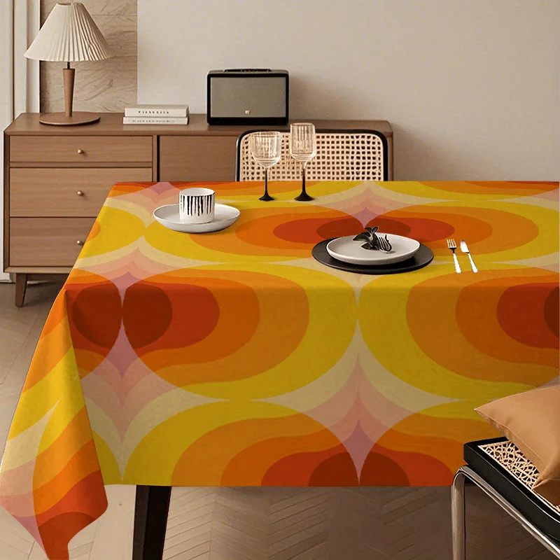 One vintage gradient circular polyester tablecloth - with orange-yellow pop art geometric patterns