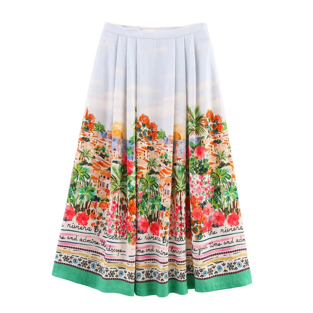 

women's pleated decorative printed cape style A-line high waist MIDI skirt summer new slim fit versatile skirt