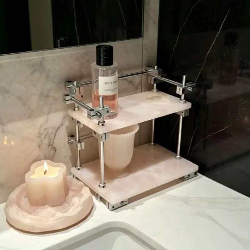 Light luxury natural powder and jade double-layer storage ornament marble metal shelf hotel living room bathroom storage