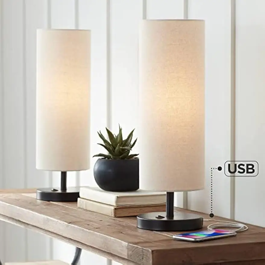 

Modern Accent Table Lamps 20" High Set of 2 with USB and AC Power Outlet in Base Bronze Oatmeal Cylinder Shade for Nightstand