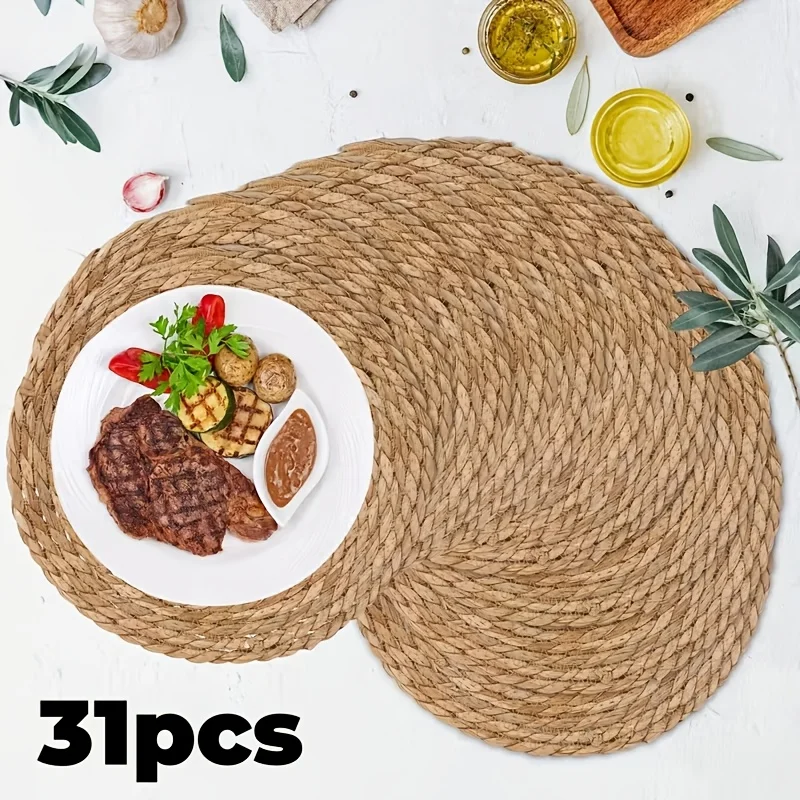 

31pcs Natural Rattan Table Mats | Round Heat-Resistant Non-Slip Placemats Suitable for Kitchen & Dining Table, Bohemian Wicker Dish Mats for Holiday Parties, Weddings, Christmas, Easter, Valentine's Day Decor - Rustic