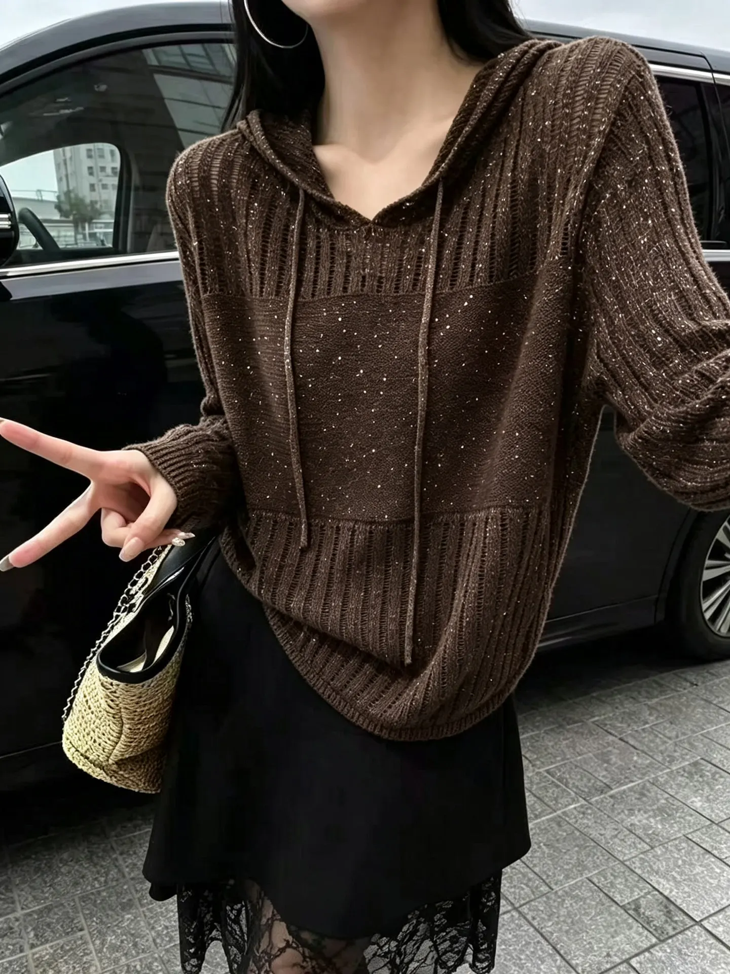 Linen Silk Loose Long Sleeve Hoodie Women's Knitted Top Slimming Versatile Casual Style Soft Bright Sequin Knitwear