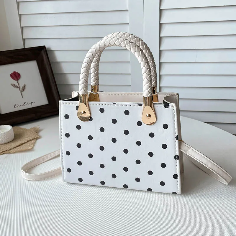 Vintage Polka Dot Square Bag for Ladies Woven Handle Handbag Women Retro PU Leather Crossbody Purse Casual Commuter Mini Bag
