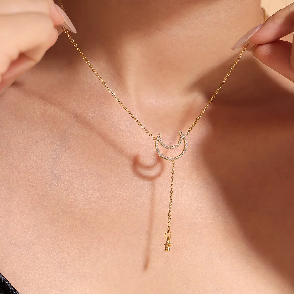 

Moon Star Bling Cubic Zirconia Pendant Necklace Braceles For Women Stainless Steel PVD Gold Plated Wedding Exquisite Jewelry Set