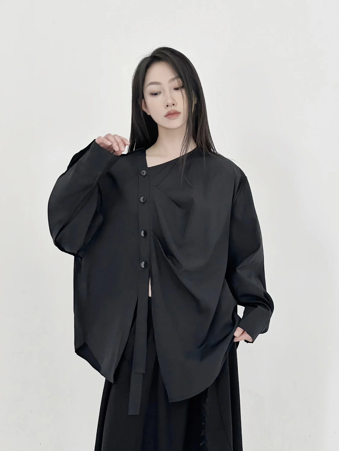 UMI MAO Yamamoto Dark Shirt Female 2024 Spring Summer Designer Loose Black Long Sleeved Top Femme