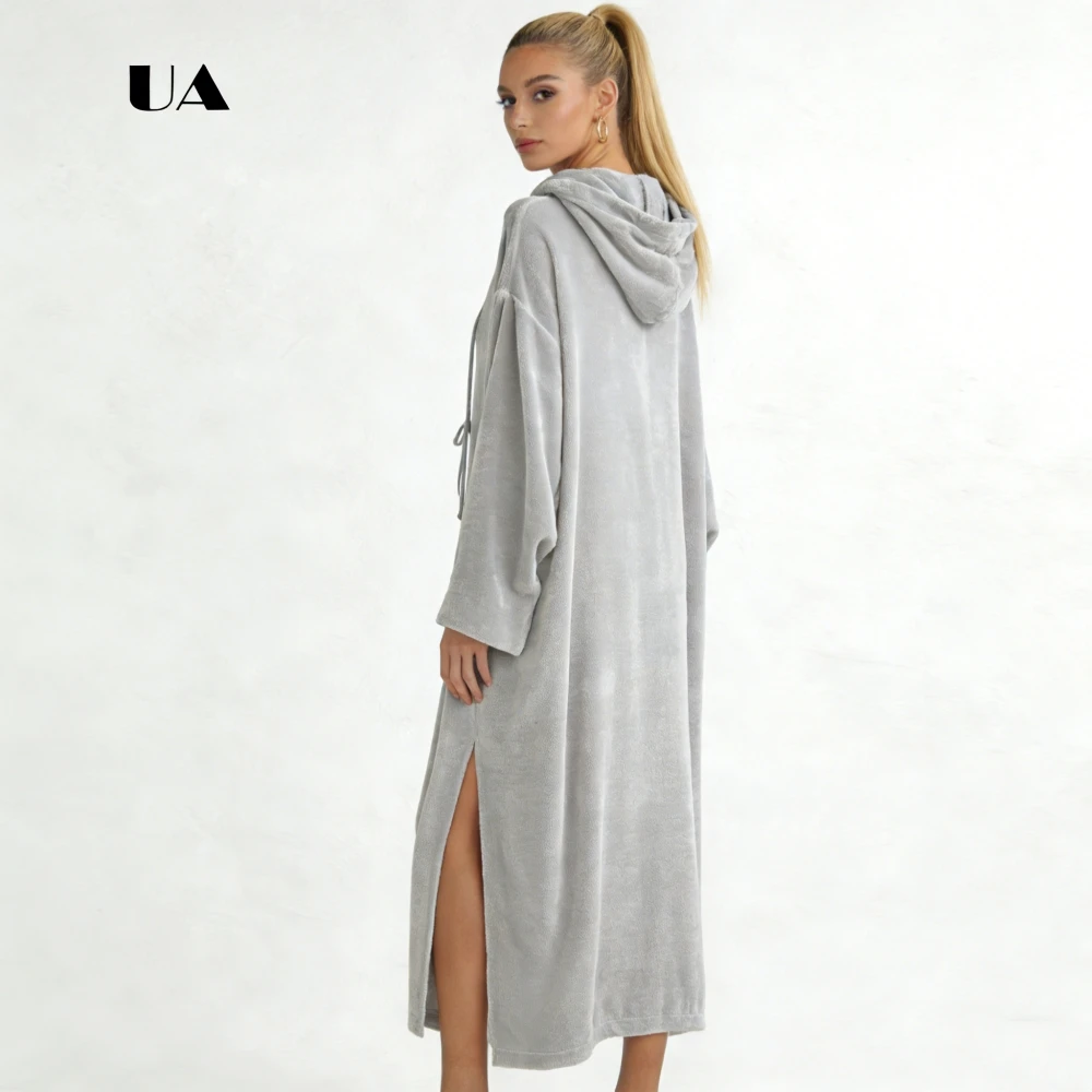 ULBYANRY Velvet Loose Hooded Prom Dress with Draw Strings, Solid Raglan Sleeve Evening Dress, Simple Slit Customized Party Gown