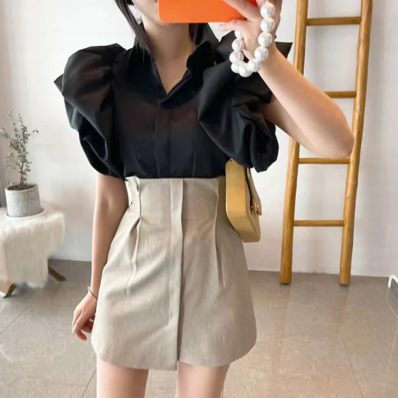 Ruffles Chiffon Shirts Women Y2K Summer Fashion Splicing Puff Sleeve Buttons Tops Female Korean Elegant All Match Blouse New