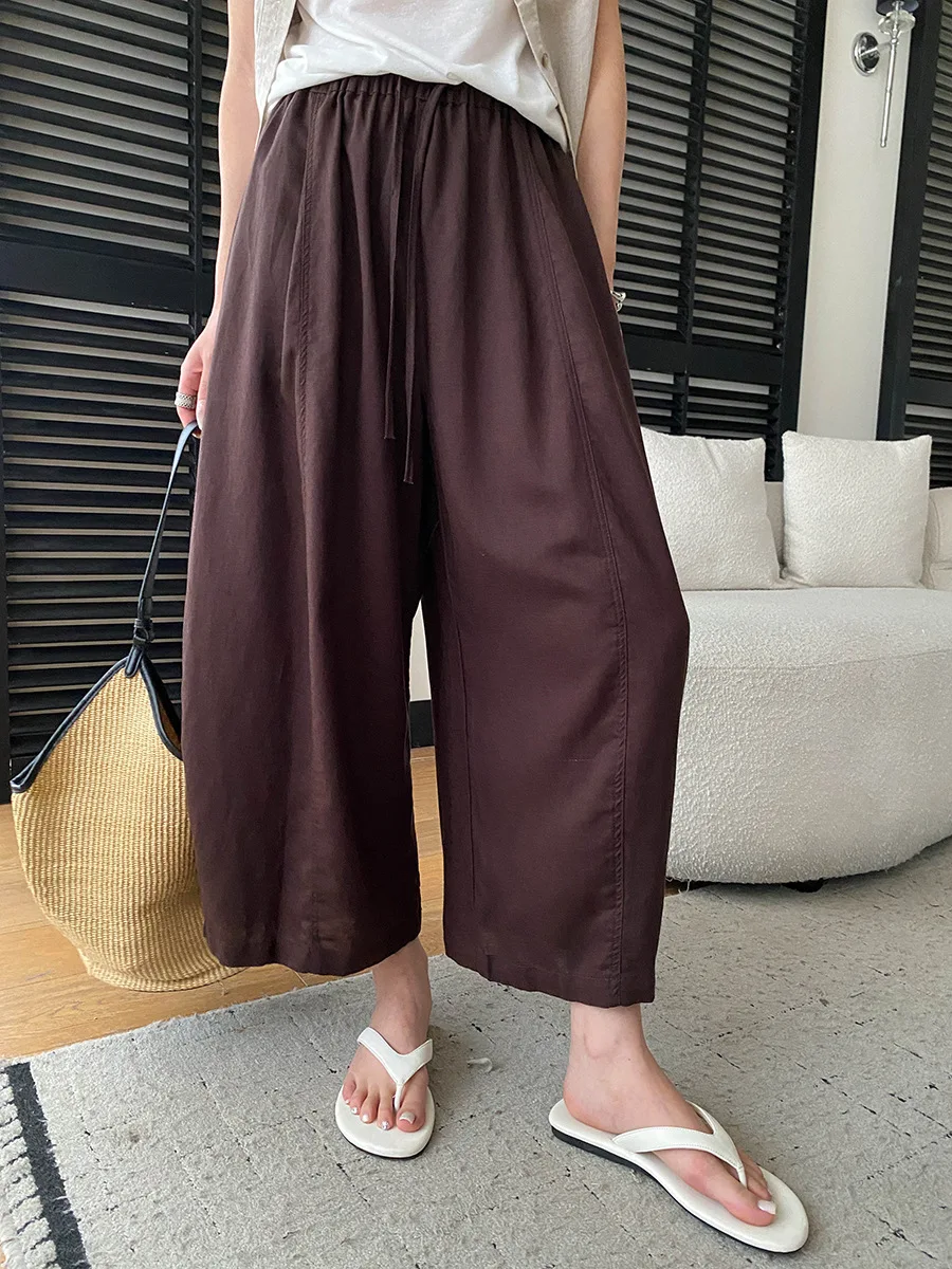 Sommerliche High-Waist-Hose mit weitem Bein für Damen, lässige, einfarbige, locker sitzende Hose – Detail 21