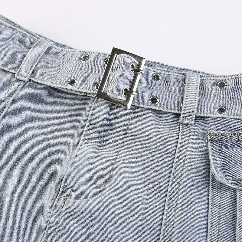 Denim Skirts High Quality Belt Lace-Up Multiple Pockets Ultra-Short Denim Skirt Slim And Slim Tooling Skirt