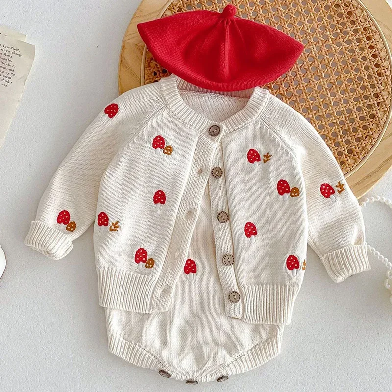 

Autumn WinterNewborn Baby Girls Clothing Set Long Sleeved Knitted Embroidered Cardigan Rompers Toddler Baby Girl Clothes Suit