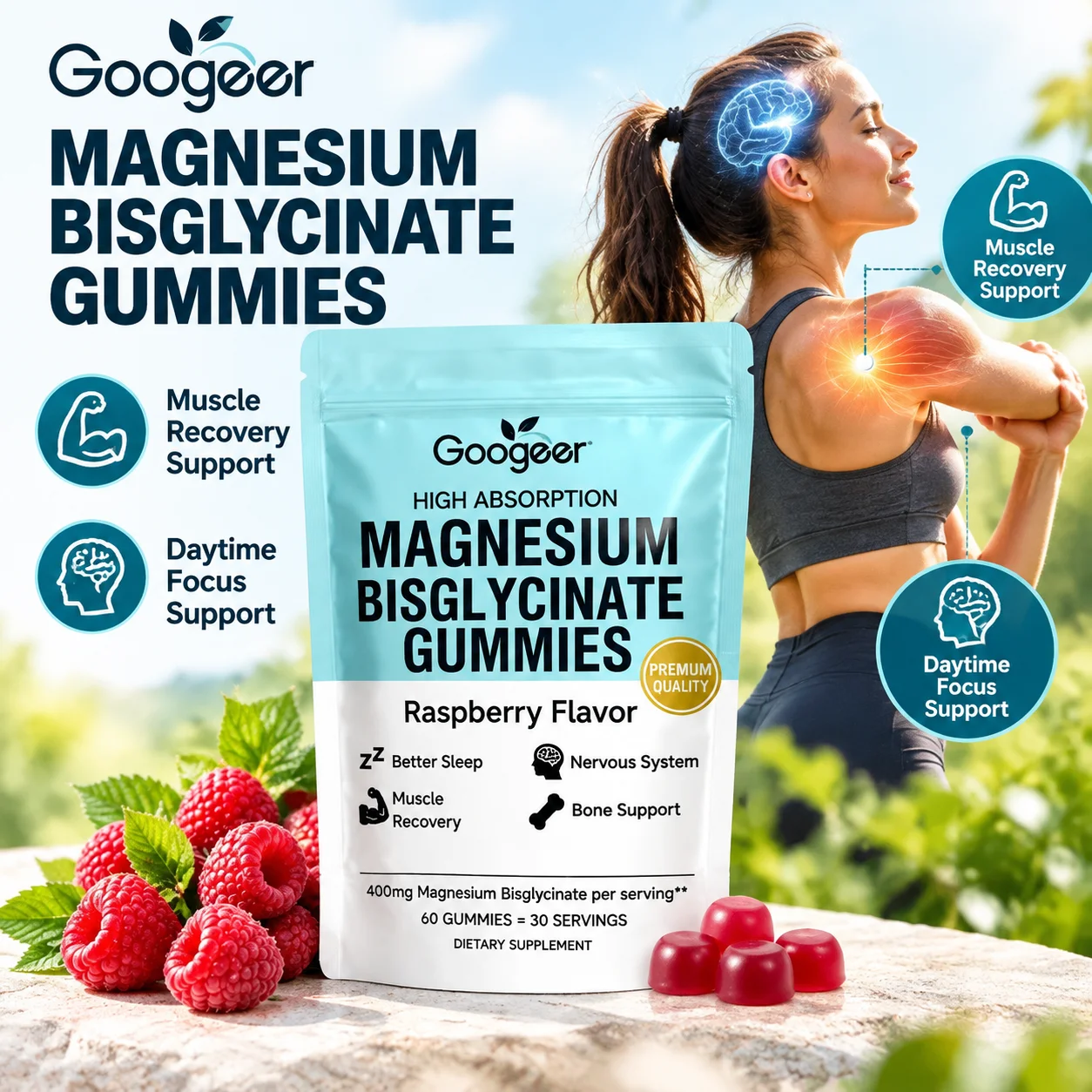 Magnesium Bisglycinate Gummies with Muscle Recovery Support and Daytime Focus Support Raspberry Flavor  60 Gummies