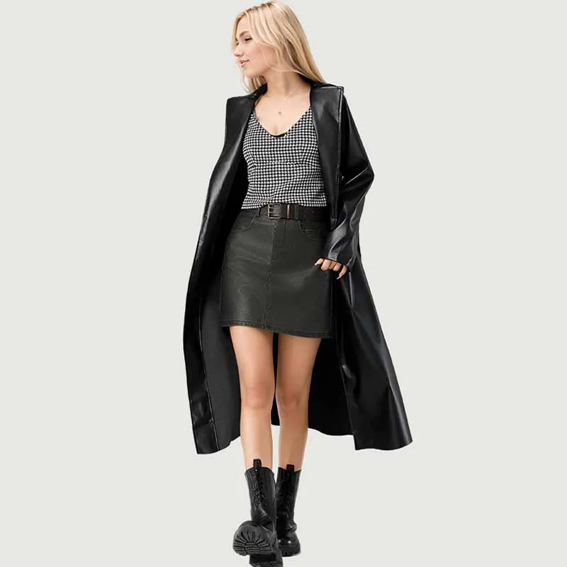 Spring Autumn Long Black Pu Leather Trench Coat Women Streetwear Fashion Belt Turndown Collar Overcoat Temperament Outerwear