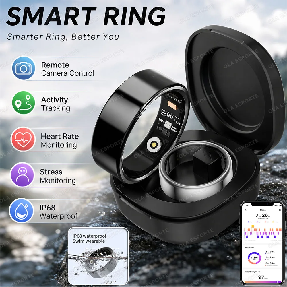 Smarte Ringe 2026 Herzfrequenz Blutsauerstoff Frauengesundheit Schlafüberwachung Outdoor-Training Sport IP68&5ATM Wasserdichter Smartring