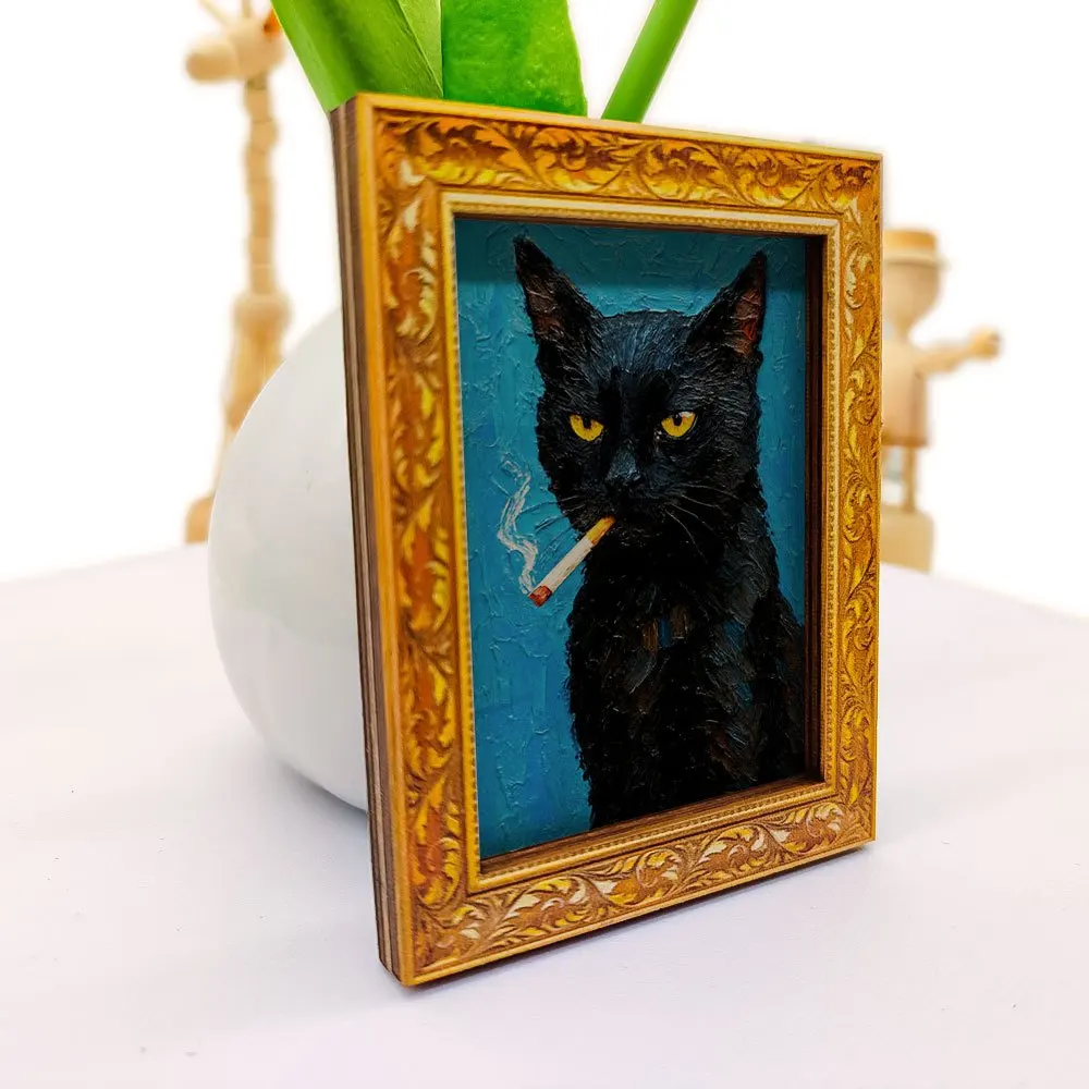 Künstlerischer Kühlschrankmagnet mit rauchender schwarzer Katze, gerahmter Magnet im Vintage-Stil für Küche, Zuhause und als Geschenk für Katzenliebhaber – Detail 4