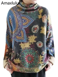 Amax luluE 2024 Autumn Fashion Warm Pullover Women Loose Knitted Turtleneck Sweaters Ladies Printed Casual Jumpers Sexy Knitwear