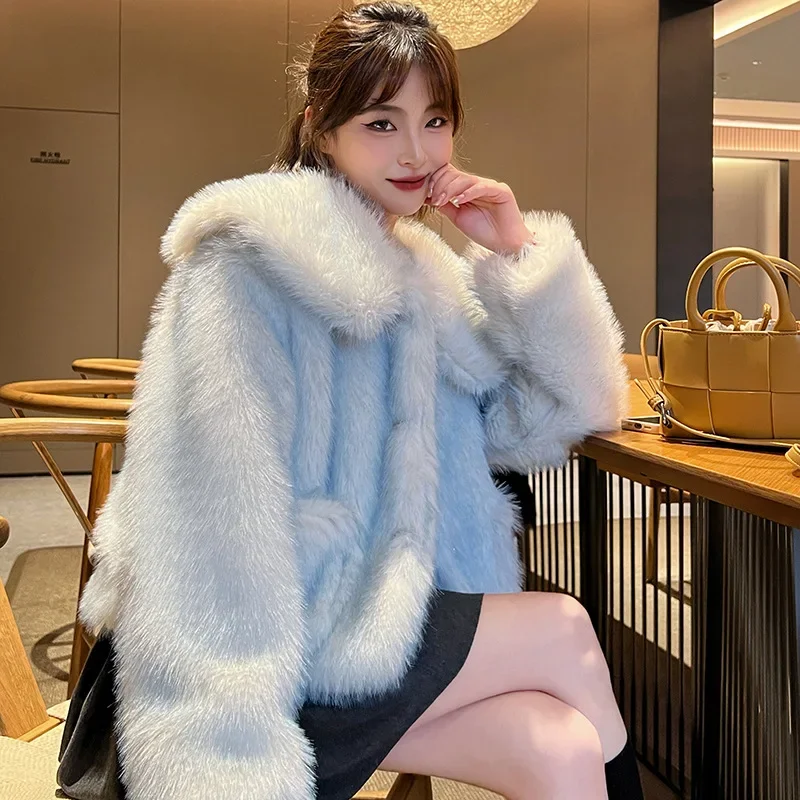 High Street Winter Women's Coats Faux Fur Thick Warm Sweet Gradient Blue Warm Western-style Fox Hair Women's Clothing